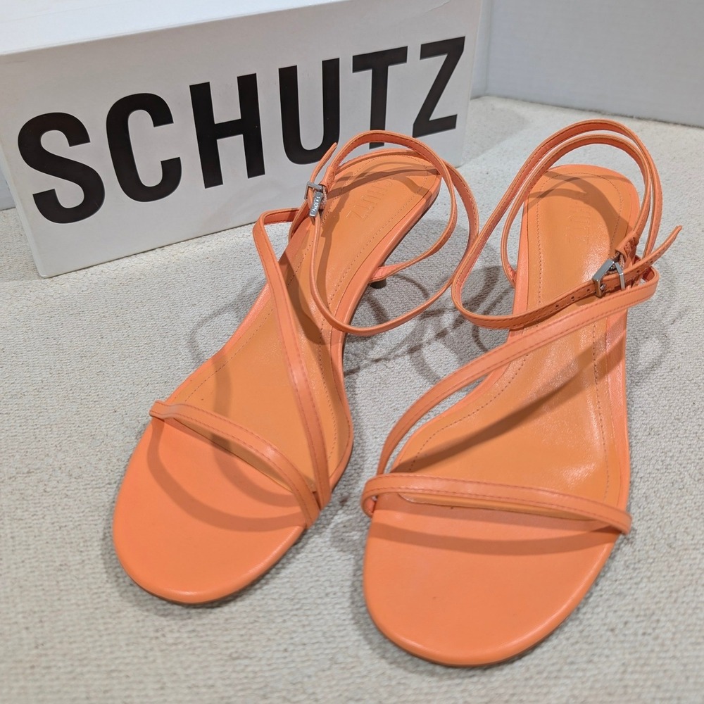 Schutz Helene Sunset Orange Nappa Leather Strappy Kitten Heel‎ Sandals 9.5B NIB